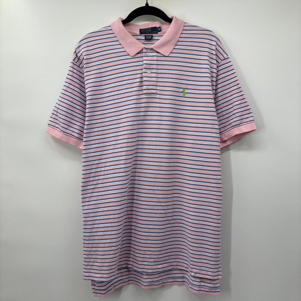 Polo Ralph Lauren Mens Size XL Pink Blue Striped Short Sleeve Cotton Polo Shirt